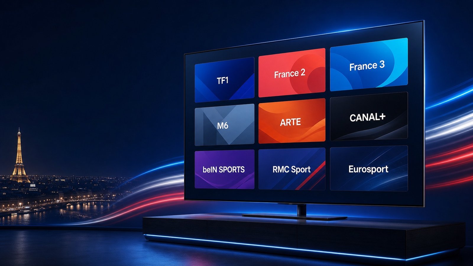 Téléviseur IPTV affichant TF1, France 2, France 3, M6, ARTE, CANAL+, beIN SPORTS, RMC Sport et Eurosport, selon les droits et la formule HexaTV
