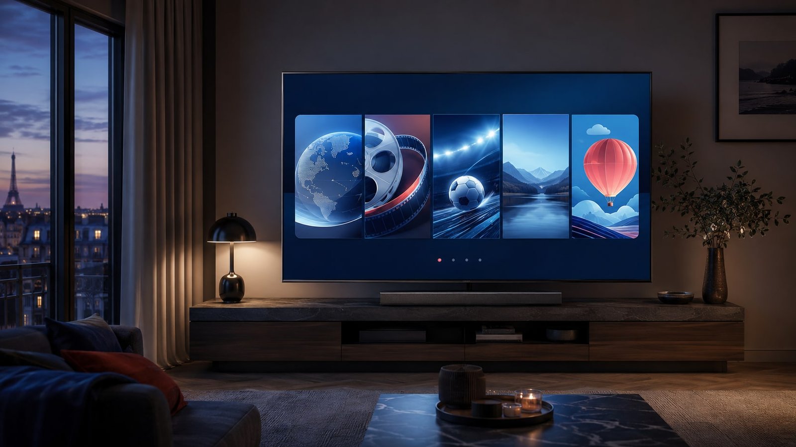 Salon français avec téléviseur affichant des catégories de chaînes pour un abonnement IPTV 12 mois